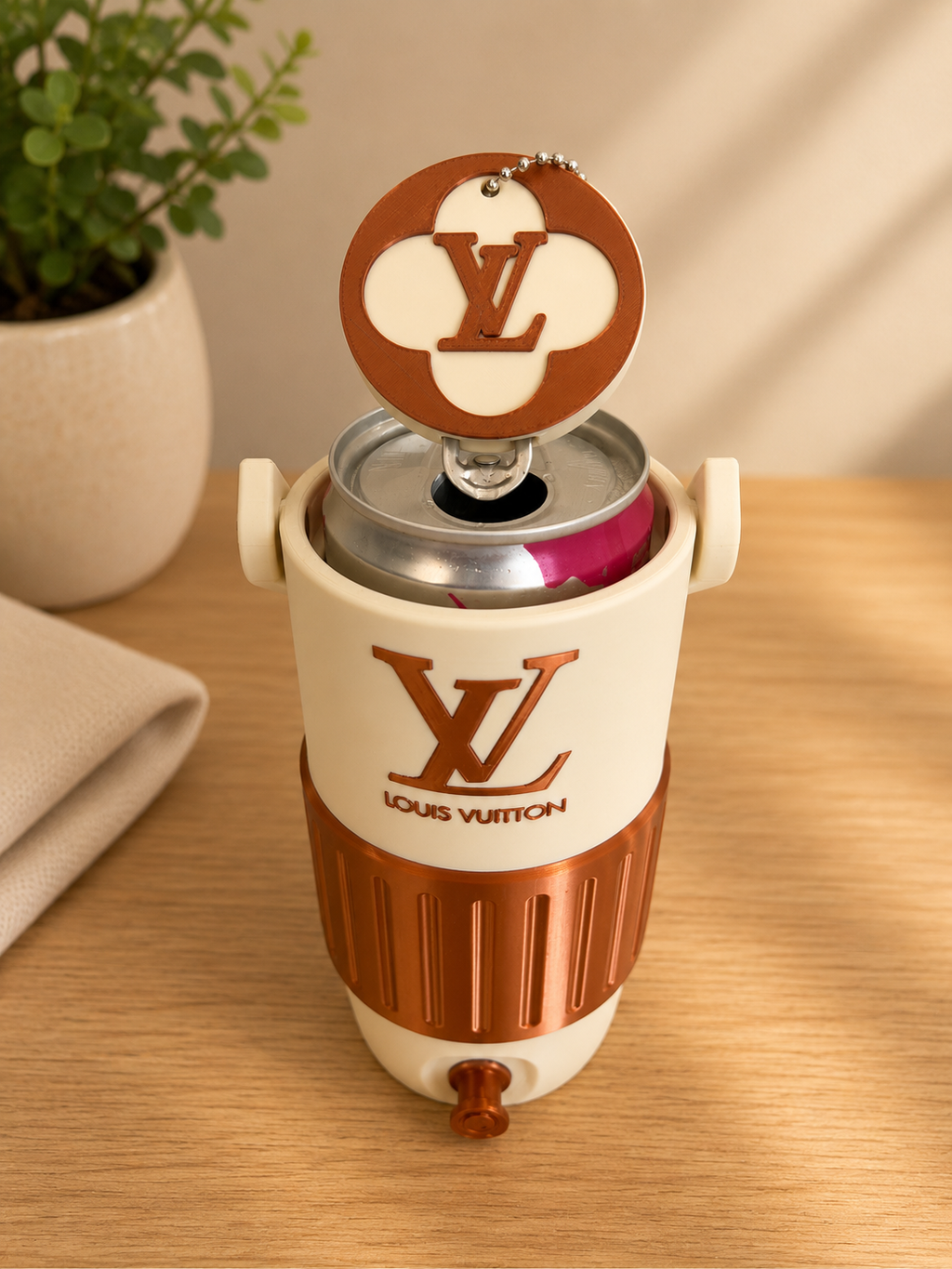 Luis Vuitton-Inspired Slim Mini Cooler with matching Key Chain/ Tab Can Opener