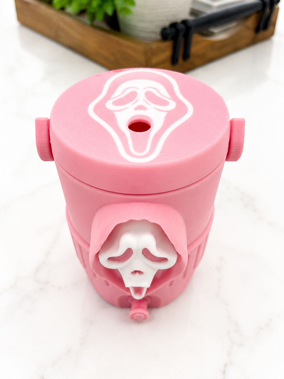 Scream Ghost Face Inspired 3D Printed Mini Can Cooler with Matching Keychain
